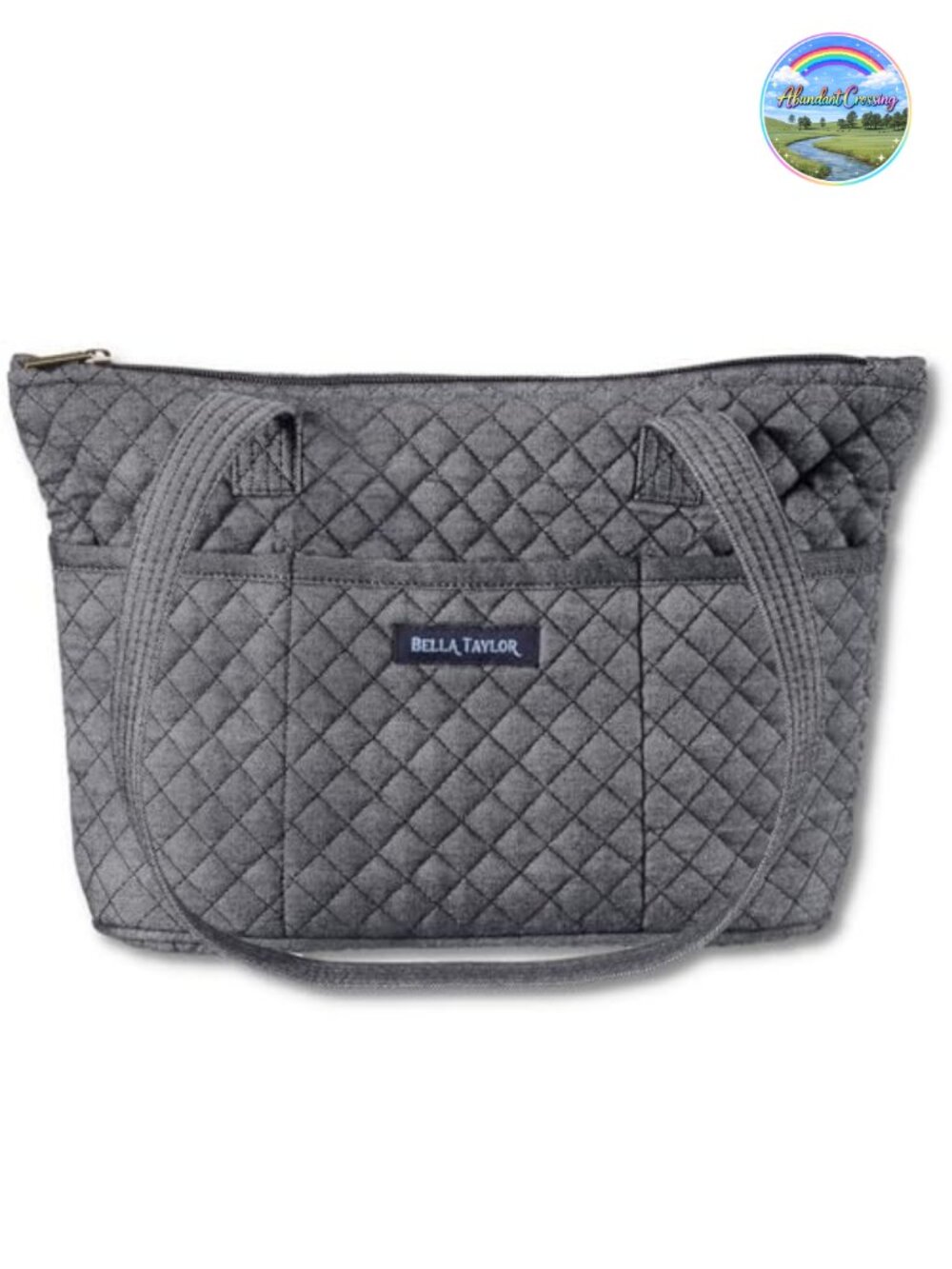Quilted Cotton Small Shoulder Tote Bag Zip Top 10 Pockets